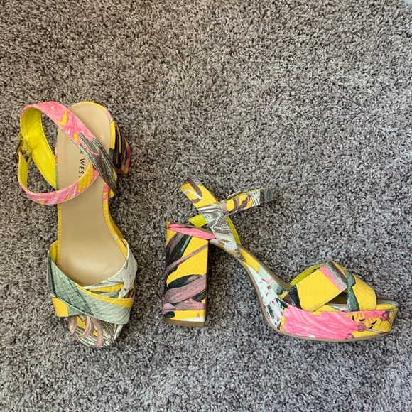 Nine West Shoes - Nine West Yellow Floral Chunky Heel Strappy Sandal